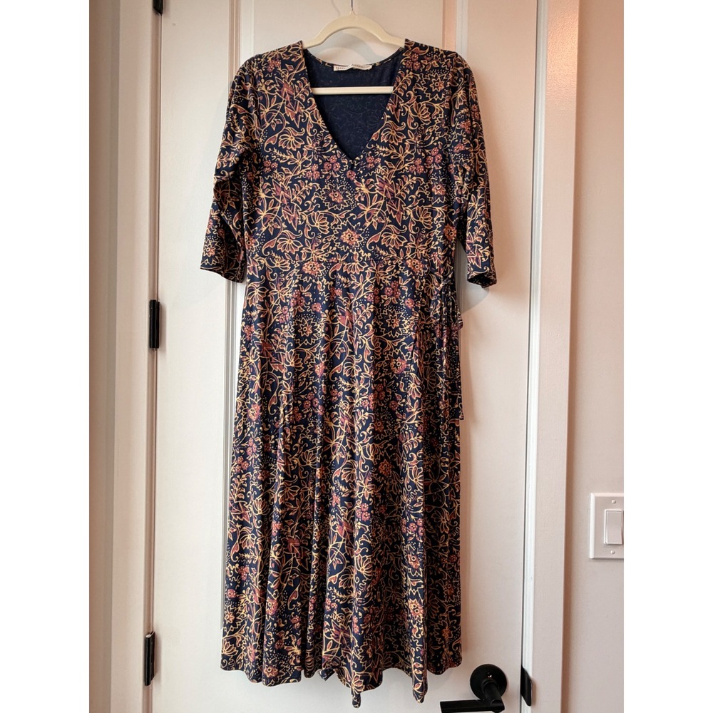 Peruvian Connection Faux Wrap Dress Women M Navy Floral Boho Cottagecore Fall